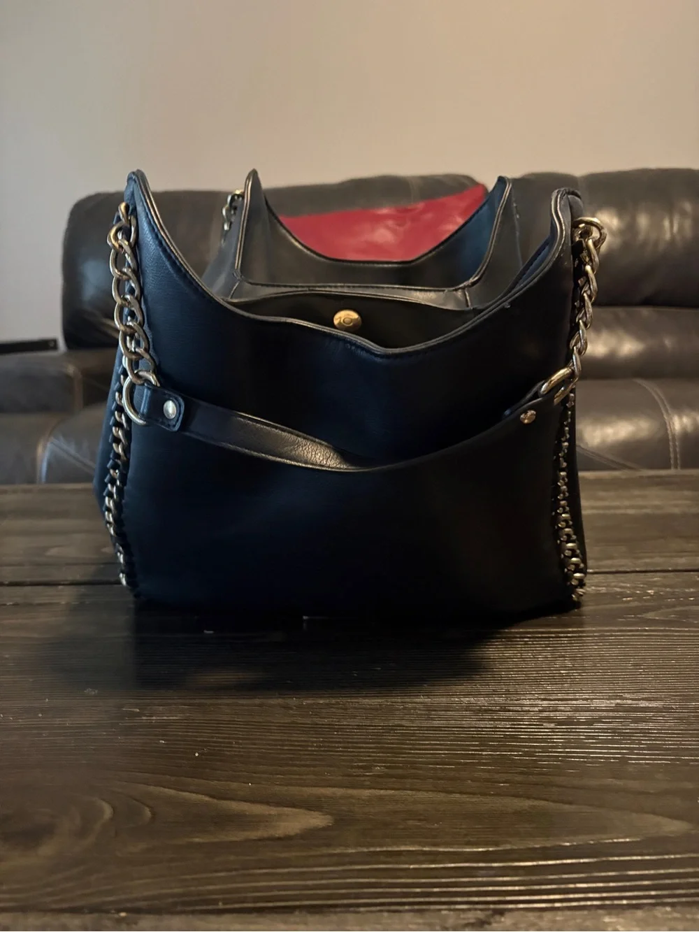 bebe Black Leather Hobo with Gold Chain Trim